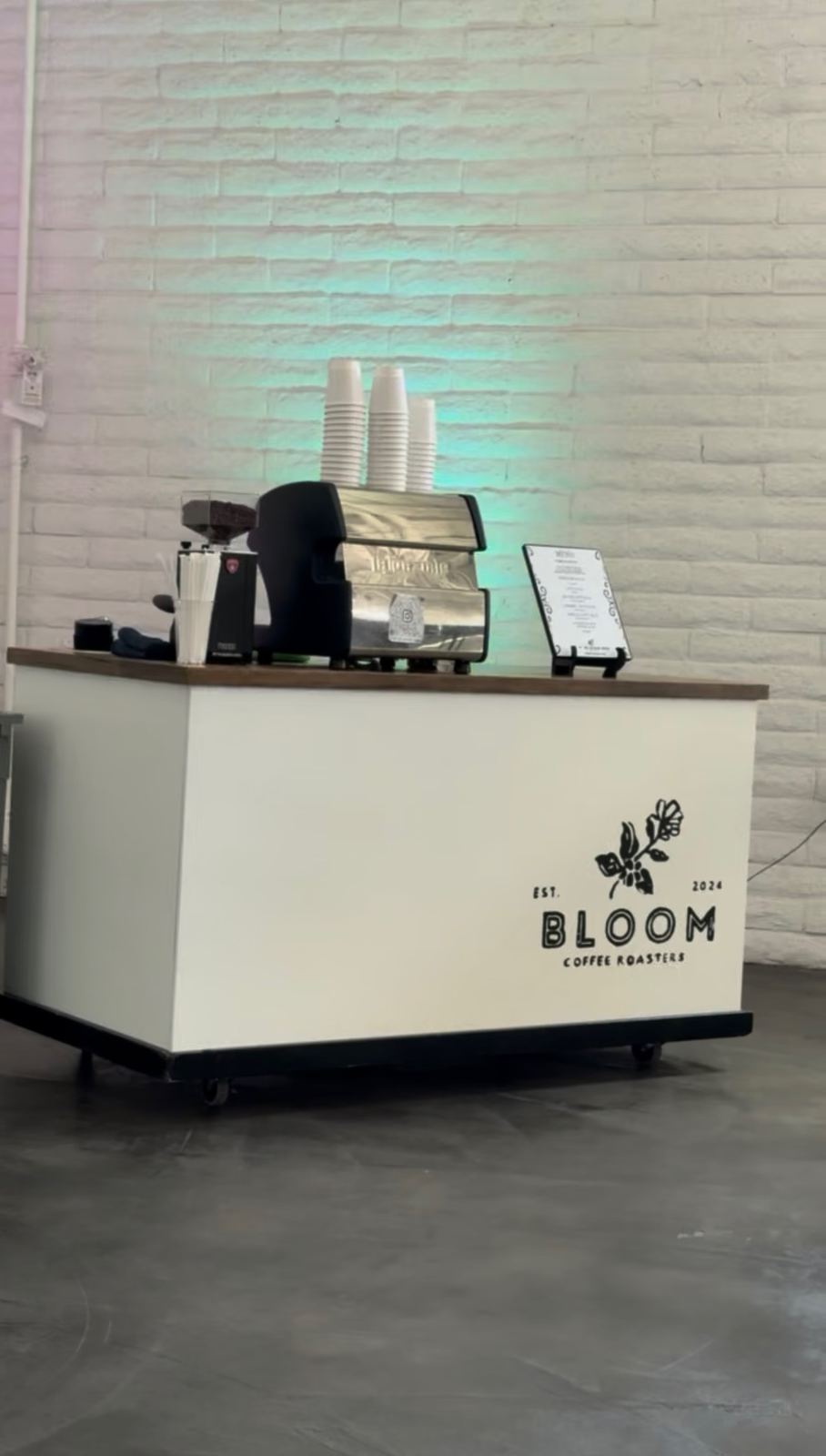 Bloom Coffee Roasters mobile espresso cart set up for a corporate event