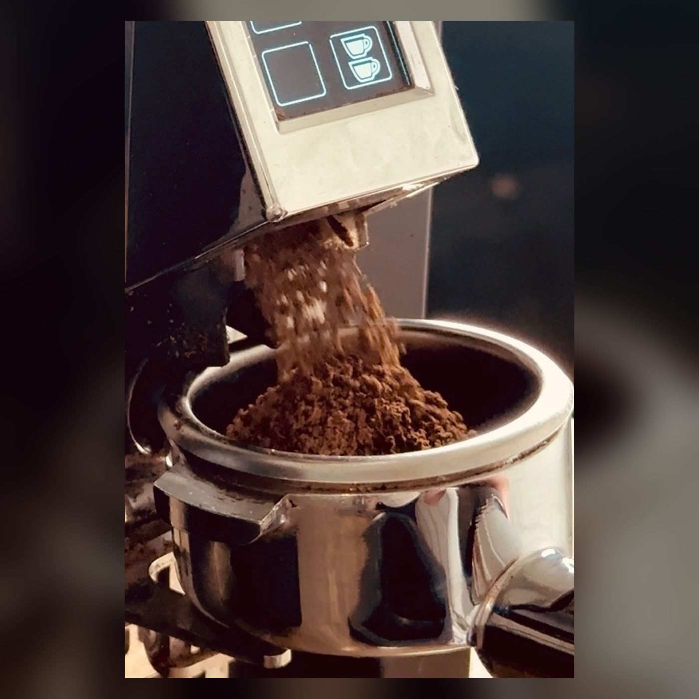 Coffee grinder dosing fresh grounds into a portafilter